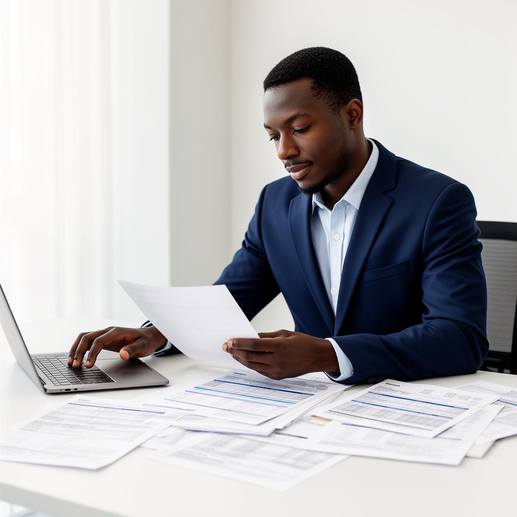 Professional bookkeeper in a navy suit reviewing financial statements
